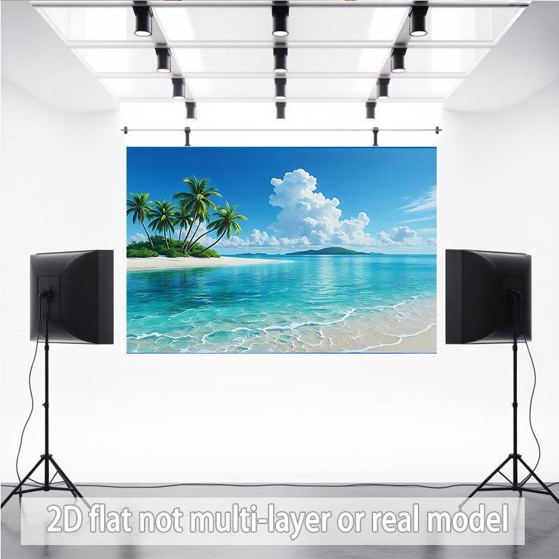 2D Banner Polyester Background Fabric Tropical Beach Scene Featuring Palm Trees Clear Blue Waters and Distant Islands
