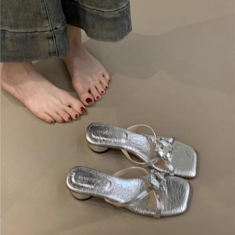 Fairy style women's shoes French rhinestone sandals women's shoes spring and summer wear silver thick heels cool slippers high heels