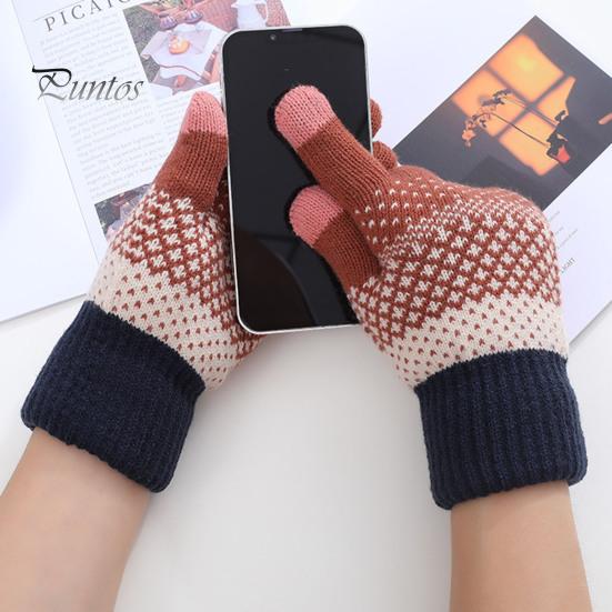 Winter Gloves 1 Pair Thickened Warm Full Fingers Touch Screen Ribbed Cuffs Women Striped Splicing Double Layer Fleece Lining Knitting for Cold Weather
