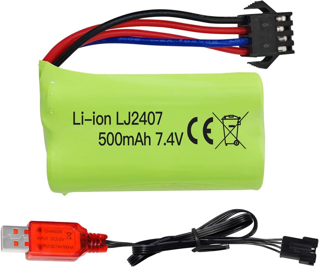 Høyhastighets litiumbatteri 7,4V 500mAh – Kompatibelt med EC16 DE85 for RC-båt, skipsmodell, bil – med USB-lader