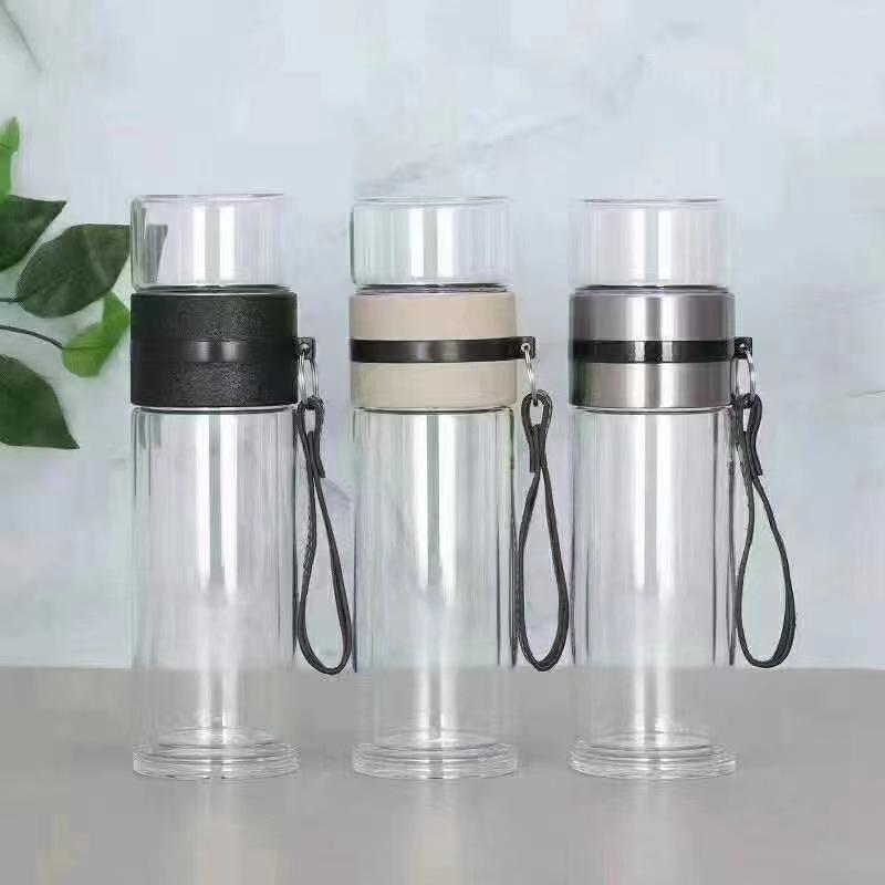 NEUE Glasflasche doppelwandig transparent Borosilikatglas Teetasse mit Henkel tragbar unabhängiges Tee-Lager Gefäß