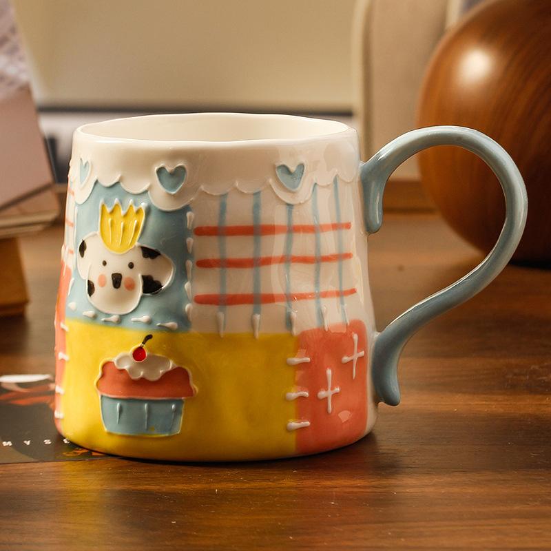 Niche Design Sense High Value Hand-painted Underglaze Color Relief Sewing Ceramic Mug Painted Large Capacity Breakfast Cup
