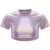 Girls Jazz Dance Top Metallic Short Sleeve Round Neck Crop Tee for Cheerleading Stage Performance