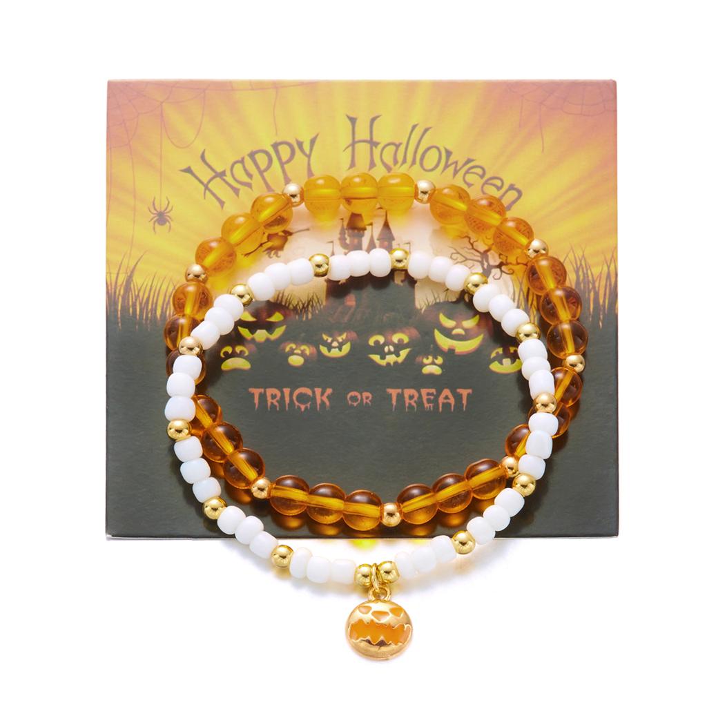2Pcs/Set Halloween Pumpkin Spider Bracelets For Women Men Cute Cat Bat Ghost Couple Bangles Crystal Beads Bracelets Jewelry Gift