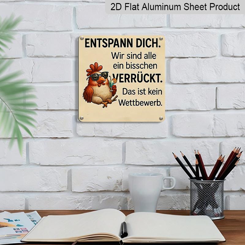 2D Flat, 1pc Vintage Chicken Metal Aluminum Sign with Humorous German Quote - Rustic Wall Art for Farmhouse, Cafe, Porch Decor - Funny Gift for