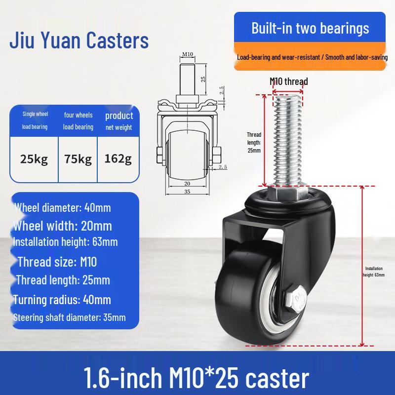 Black Heavy-Duty Swivel Casters with Brakes for Furniture, Cabinets & Industrial Use, Double Bearing Wheels