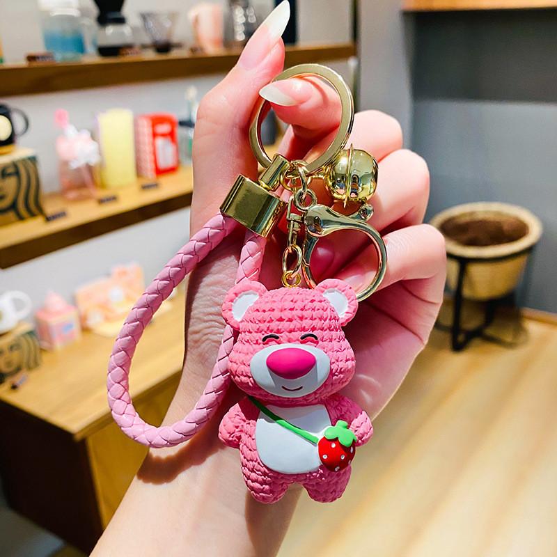 Resin Lovely Strawberry Bear Keychain Charming Cartoon Bear Pendant Cars For