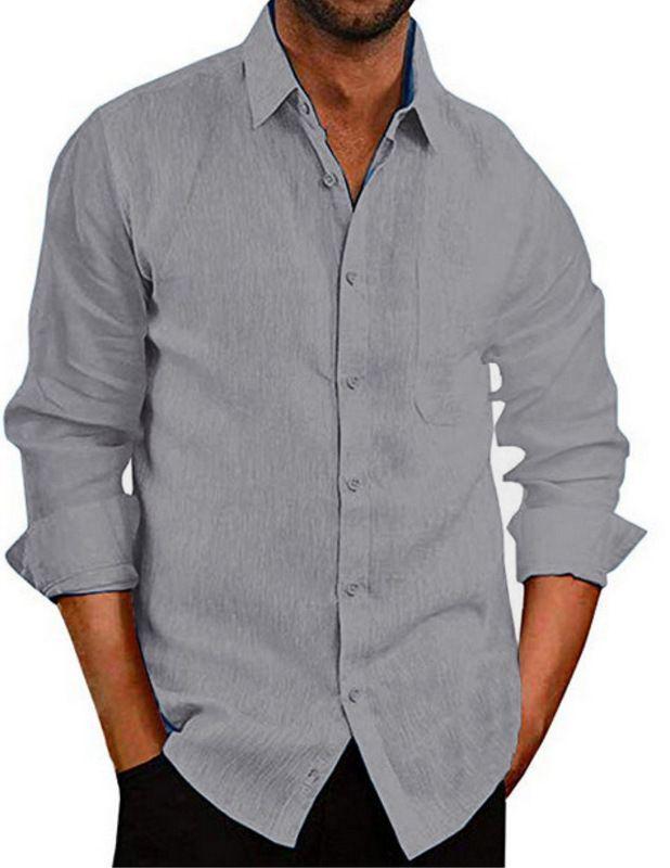 New Bestseller Men's Linen Shirt - Turn-Down Collar, Solid Color, Long Sleeve, Button-Up.