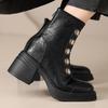 New High-heeled Versatile Thick-soled Martin Boots Women's Badge Metal Buckle Rear Zipper Elastic Thin Boots