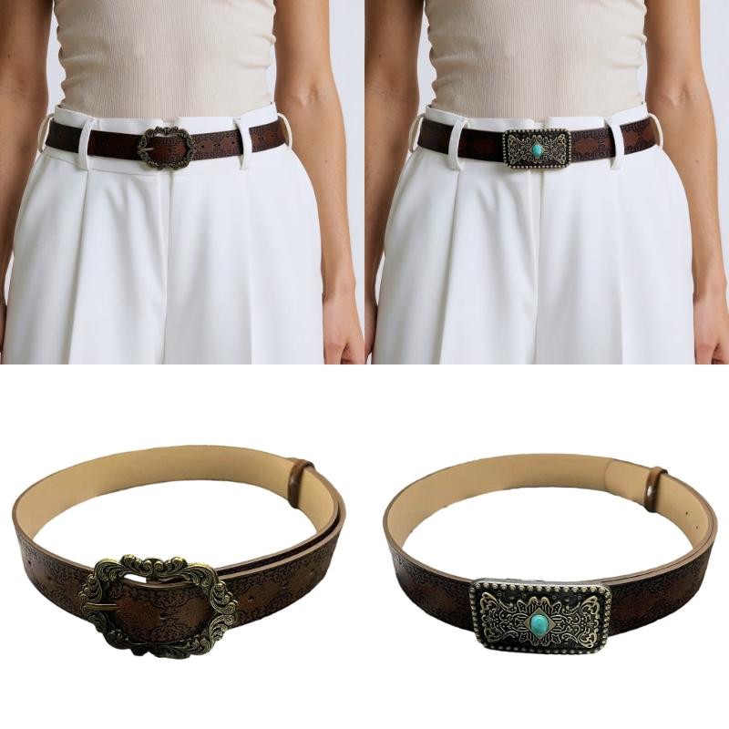 Retro Edgy Buckles Belt Adjustable Brown PU Leather Strap Embossed Belt Fashion Accessory For Women Men