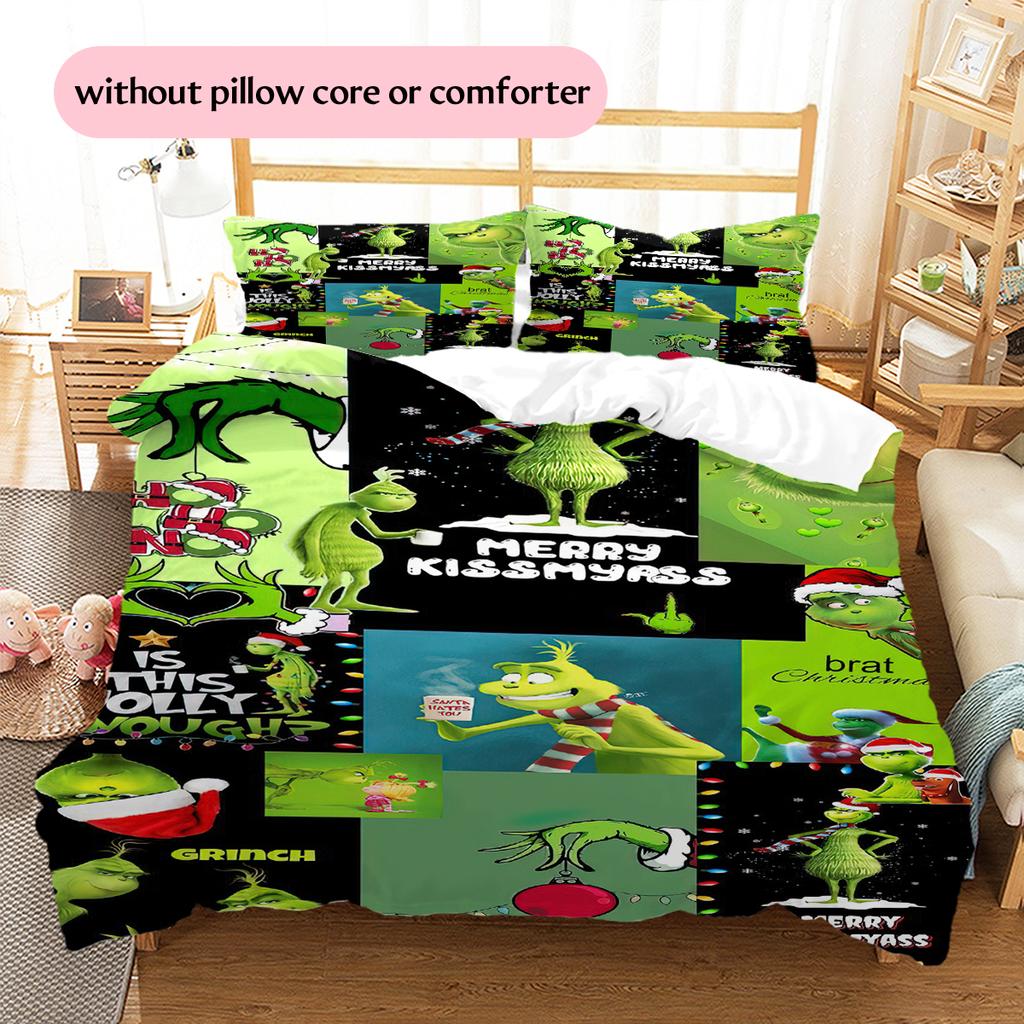 1PC Grinch Pattern Bedding Quilt Set Quilt Cover Pillowcase Home Decoration Birthday Gift (1 * Duvet Cover + 2 * Pillowcase, Without Core)