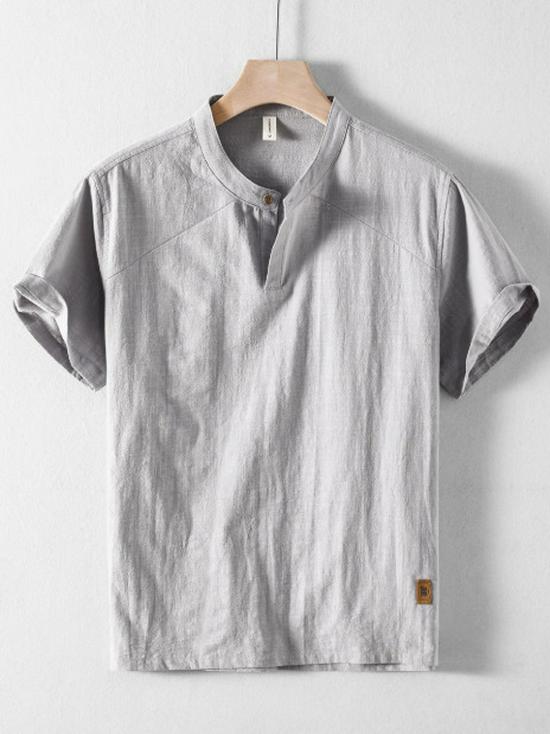 

Men s Summer Casual Linen Short-Sleeve Shirt with Half-Open Collar L