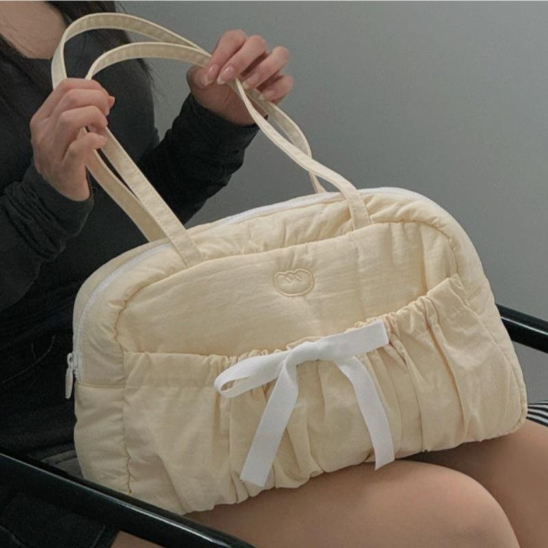 Embroidered Bow, Tie, Boston Bag, Large Capacity, Commuter, Women's, Daily, Pleated Shoulder Bag