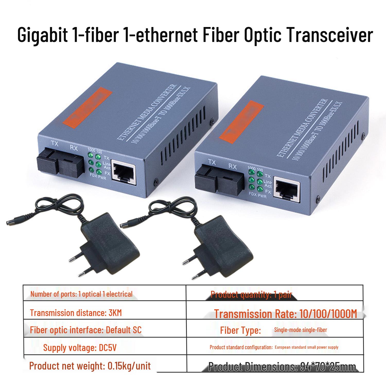 Gigabit Fiber Optic Transceiver HTB-GS-03, Single-mode, Single-fiber, 1 Optical & 1 Electrical SC Converter.