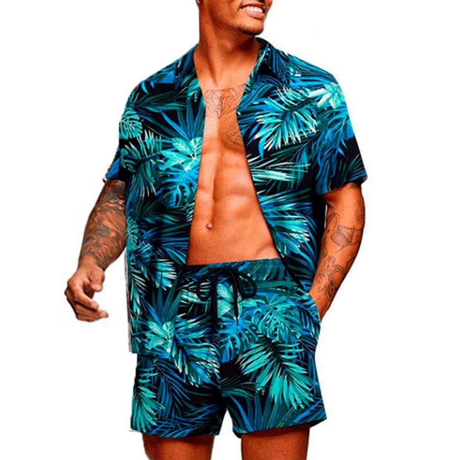 Men's Hawaiian Shirt Set Short-Sleeve Shirt Hawaiian Casual 3D Linen Palm Print Set