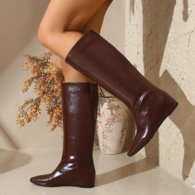 Women's Genuine Leather 2.5cm Kitten Heel Square Toe Slip-on Autumn Knee High Boots Casual Female Long Boots Shoes for Woman Hot