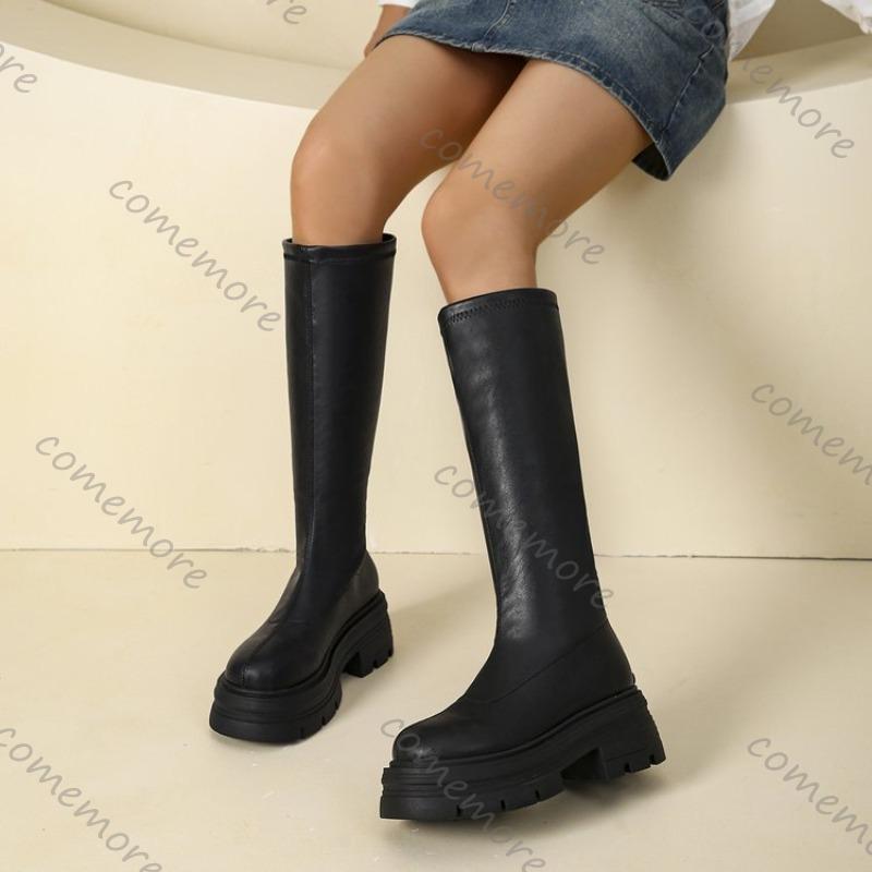 Comemore Kniehohe Stiefel für Damen Schwarz Plateau 2025 Herbst Neu Lange Ritterstiefel Klobige Hohe Absätze Botas Schuhe Damen