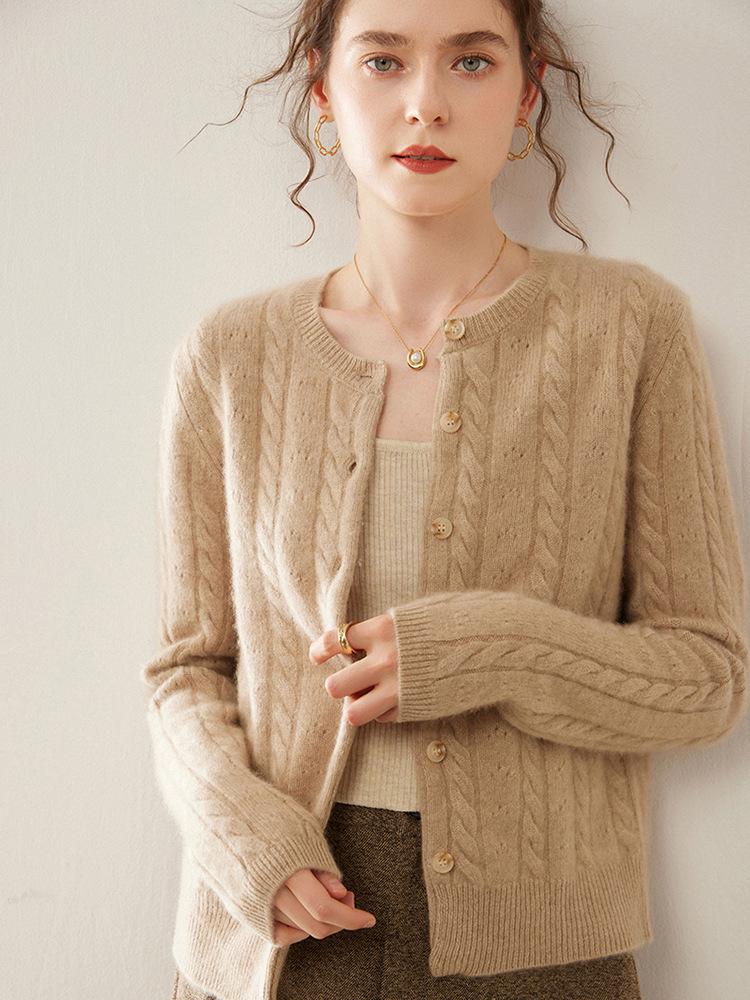 Women's Cashmere Round Neck Cardigan: Elegant Retro Cable Knit, Autumn/Winter Jacquard Outerwear