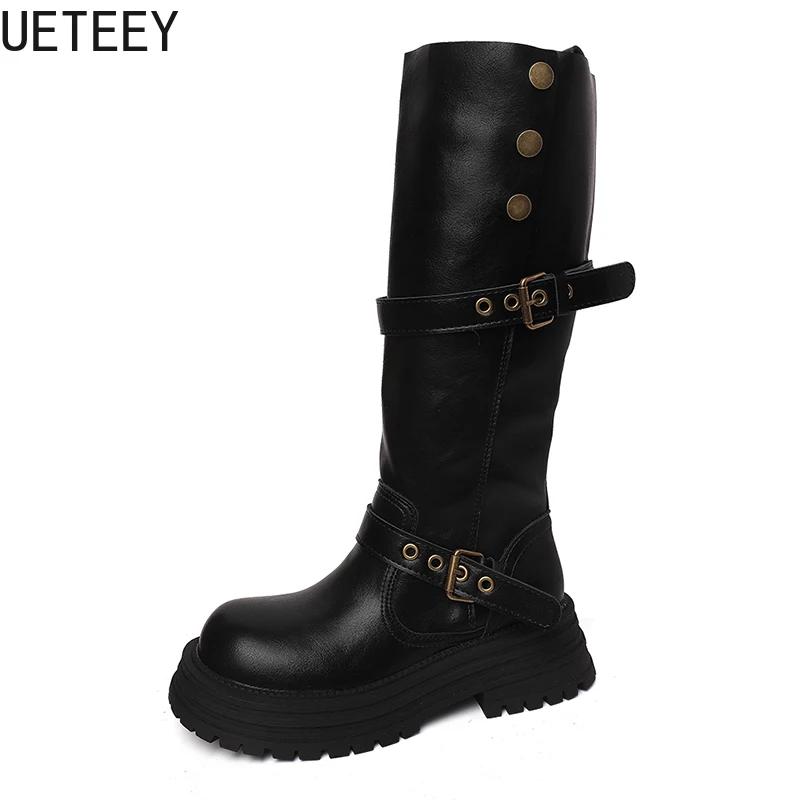 Winter Platform Women Thigh High Boots Fashion Belt Buckle Long Booties Vintage Square Low Heels Ladies Shoes