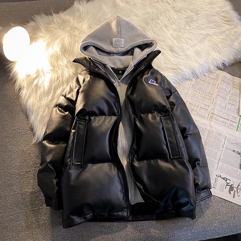 

Men s Winter Korean Style Fake Two-Piece PU Leather Hooded Cotton Jacket - Versatile, Loose, Trendy Hong Kong Style Padded Coat XXL чорний