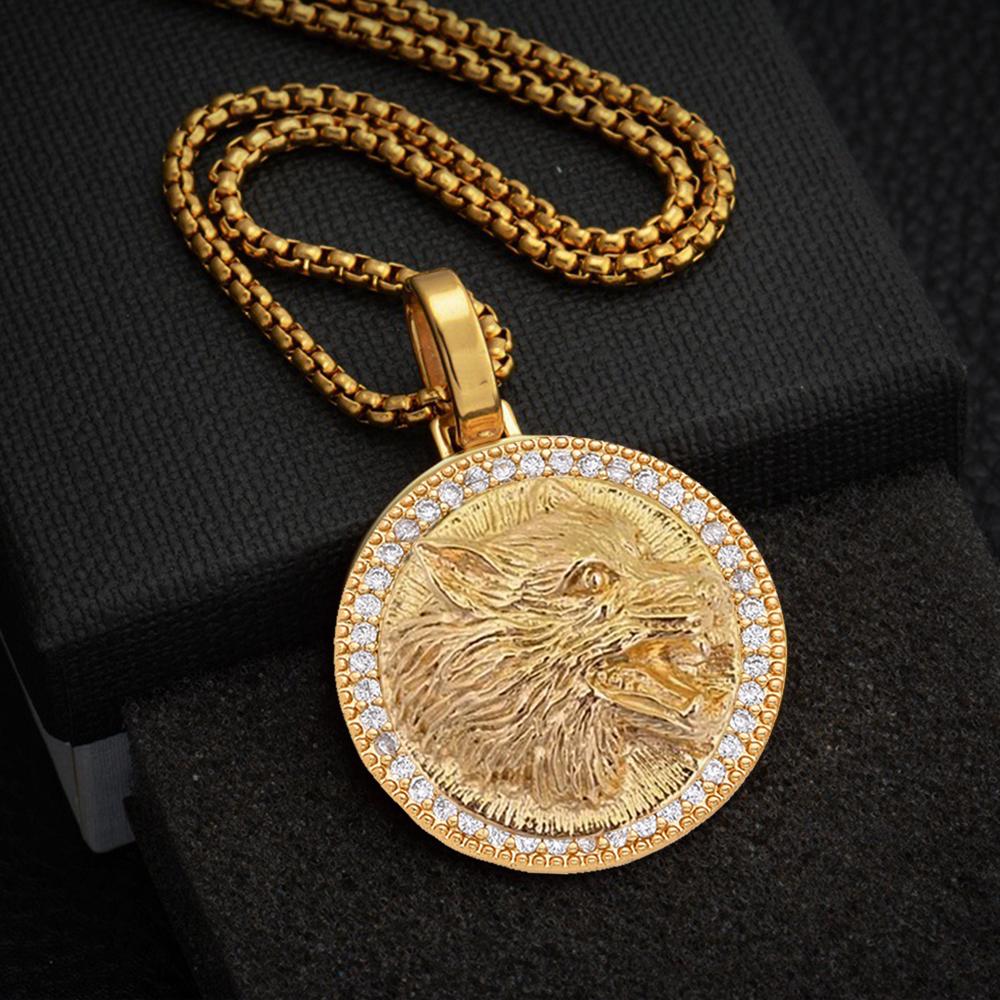 Punk  Iced Out Bling Animal Wolf Head Pendant Male Gold Color Stainless Steel CZ Round Necklace For Men Jewelry Gift 2025