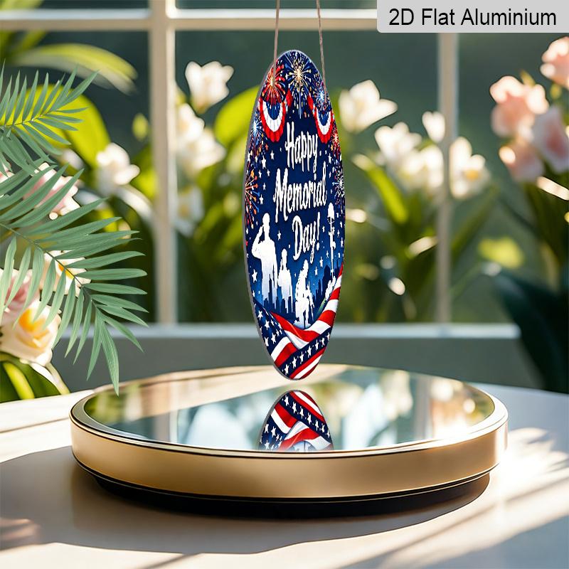 2D Flat, 1pc Round Happy Memorial Day Aluminum Hanging Sign, Patriotic US Soldier Silhouette Firework Flag Design, Weatherproof Metal Wall Decor
