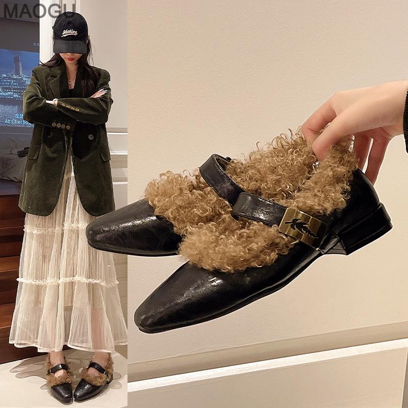 Autumn Winter Women's Low Heel Mary Jane Shoes Square Toe Fuzzy French Retro Style Plush Pumps Vintage Comfortable Footwear