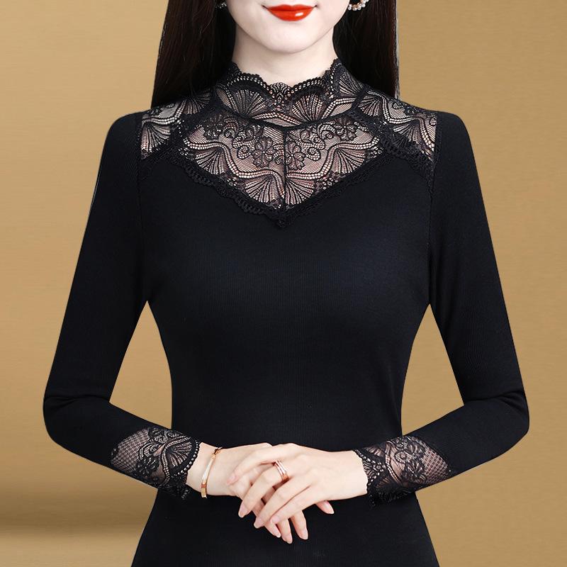

Женская кружевная рубашка с высоким воротом и новой черной футболкой, а также утолщенный сетчатый топ из бархата с длинными рукавами 4XL