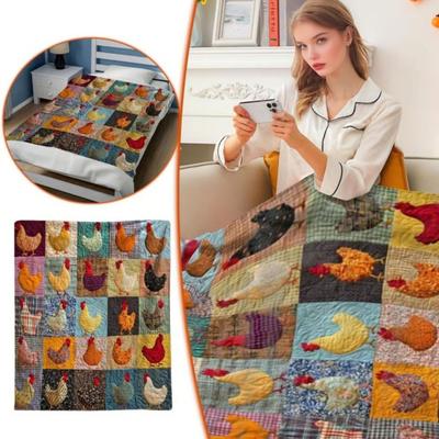 Yousheng Rooster Plaid Print Blanket Farmhouse Flannel Blanket Vintage Chicken Print Cozy Throw Blanket Farm Quilt for Home Bed Couch Housewarming
