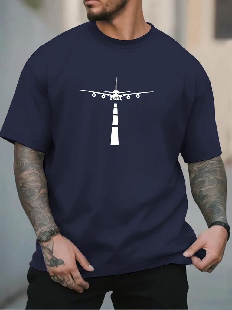 Unisex O Neck Tee Airplane Runway Silhouette Graphic Print Cotton Short Sleeve Loose Summer Breathable Daily Casual Basic Wear Top