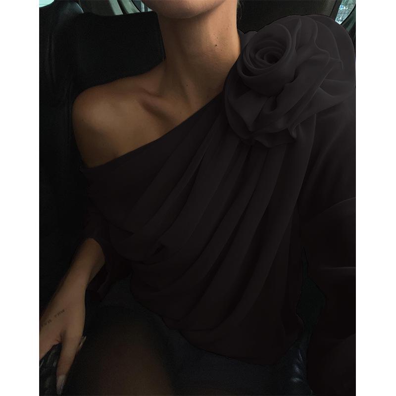 Trendy šifonový květinový síťovaný top s odhalenými rameny a dlouhým rukávem pro ženy