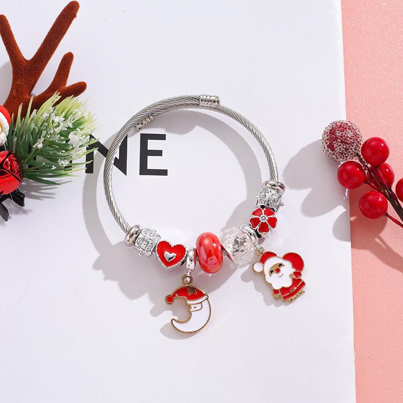 Christmas Themed Stainless Steel Bracelet For Girls With Snowflake Reindeer Crystal Beads And Tree Charm Gift