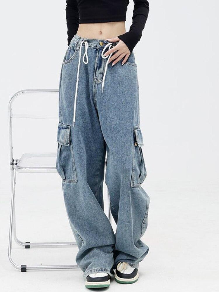 

Новинка 2022 года, осенние винтажные джинсы с высокой талией для отдыха, прямые широкие джинсы-карго, женские уличные свободные джинсы-карго, женские L синий