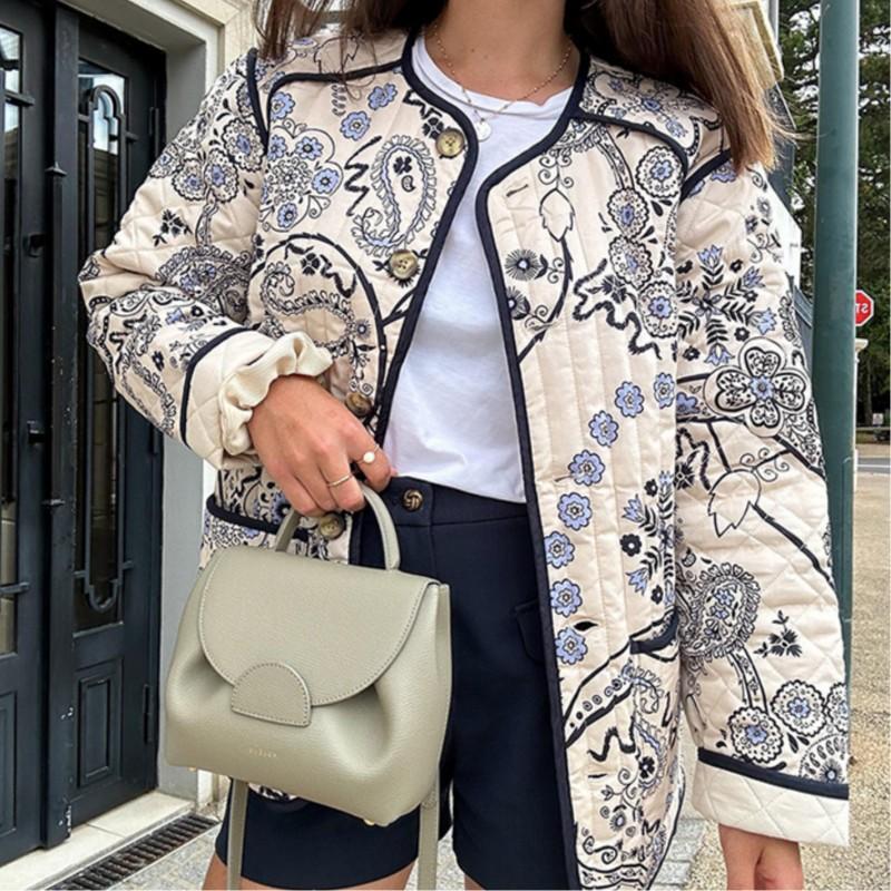 Damen Retro Bedruckte Patchwork Baumwolljacke Rundhals Lässige Bequeme Jacke