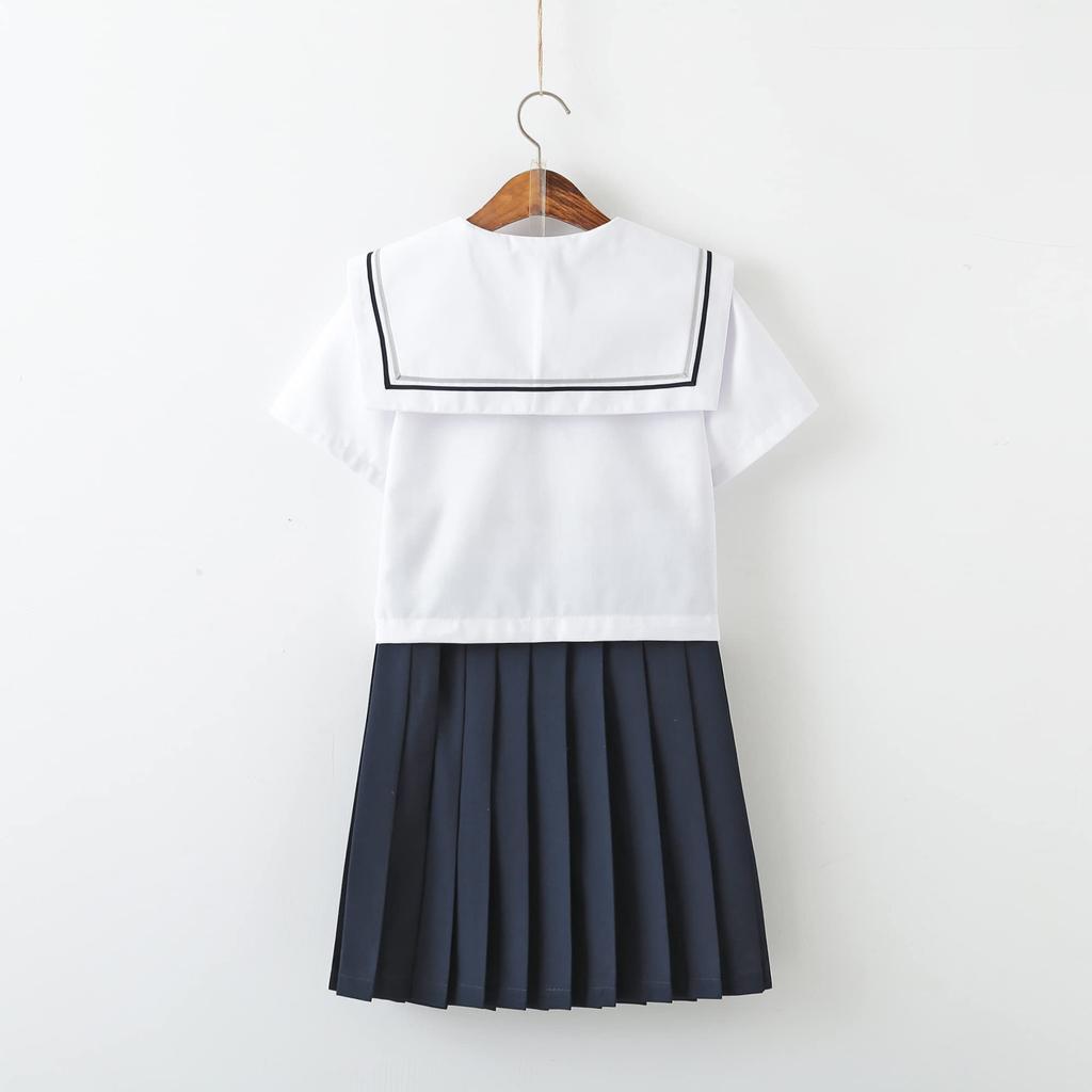 DERAYEE Sailor Uniform Cosplay High School Girl Includes Uniform White and Navy and Bowknot for School Festivals White Short 3-Piece Set, Skirt,