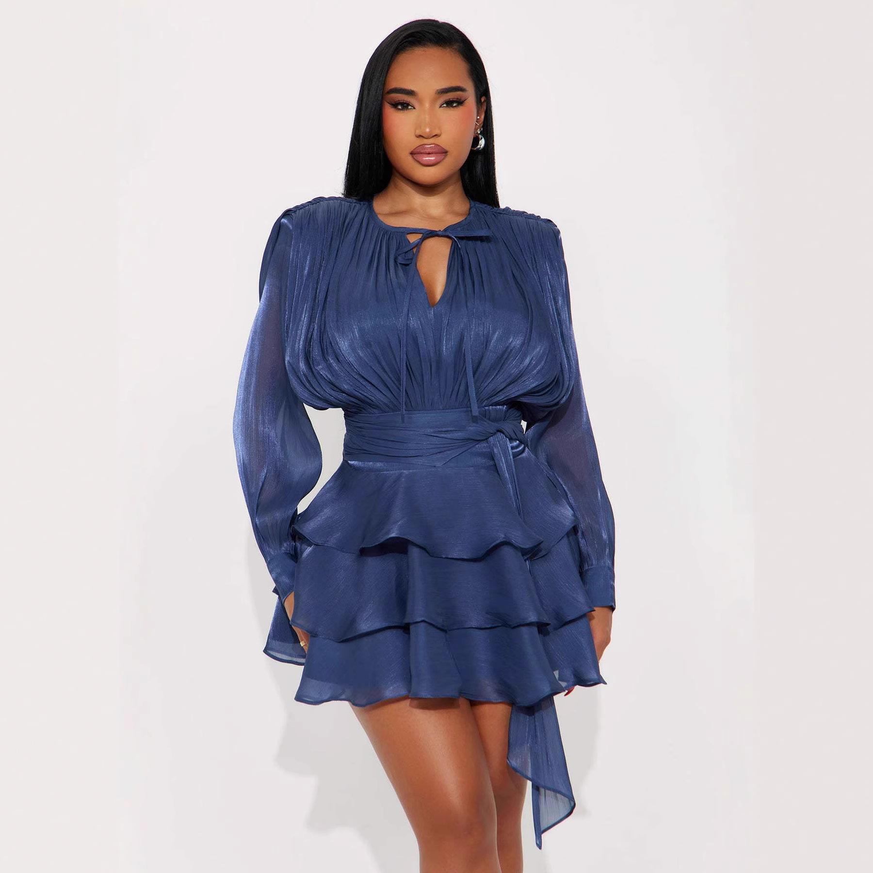 

Dark Blue V-Neck Belted Dress with Ruffle Hem and Draped Detail S синий