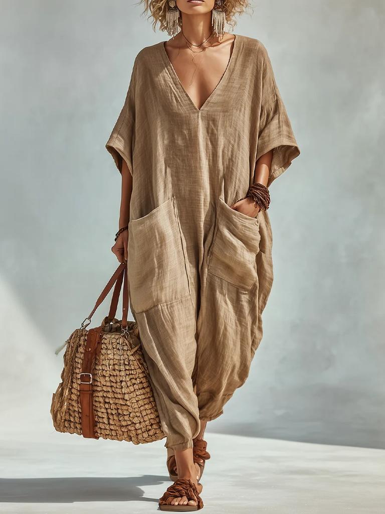 Women V Neck Short Sleeve Plunging Jumpsuit Casual Wide Leg Loose Fit Baggy Romper With Big Side Pockets Solid Color Summer Overalls