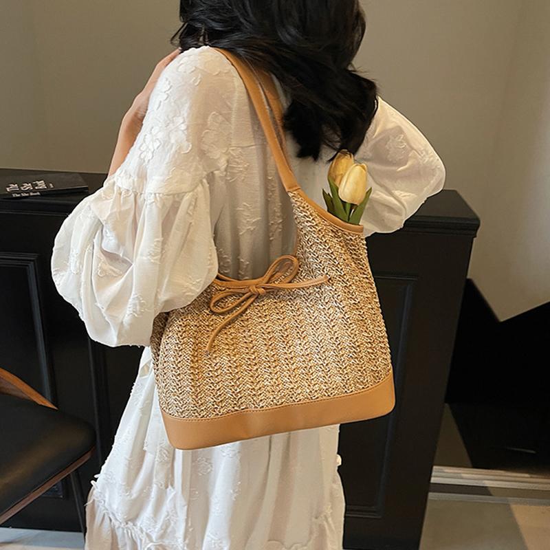 Women Straw Tote Handbag with Bow Weaving Travel Handbag Large Capacity Simple Shoulder Bag Female Woven Bag