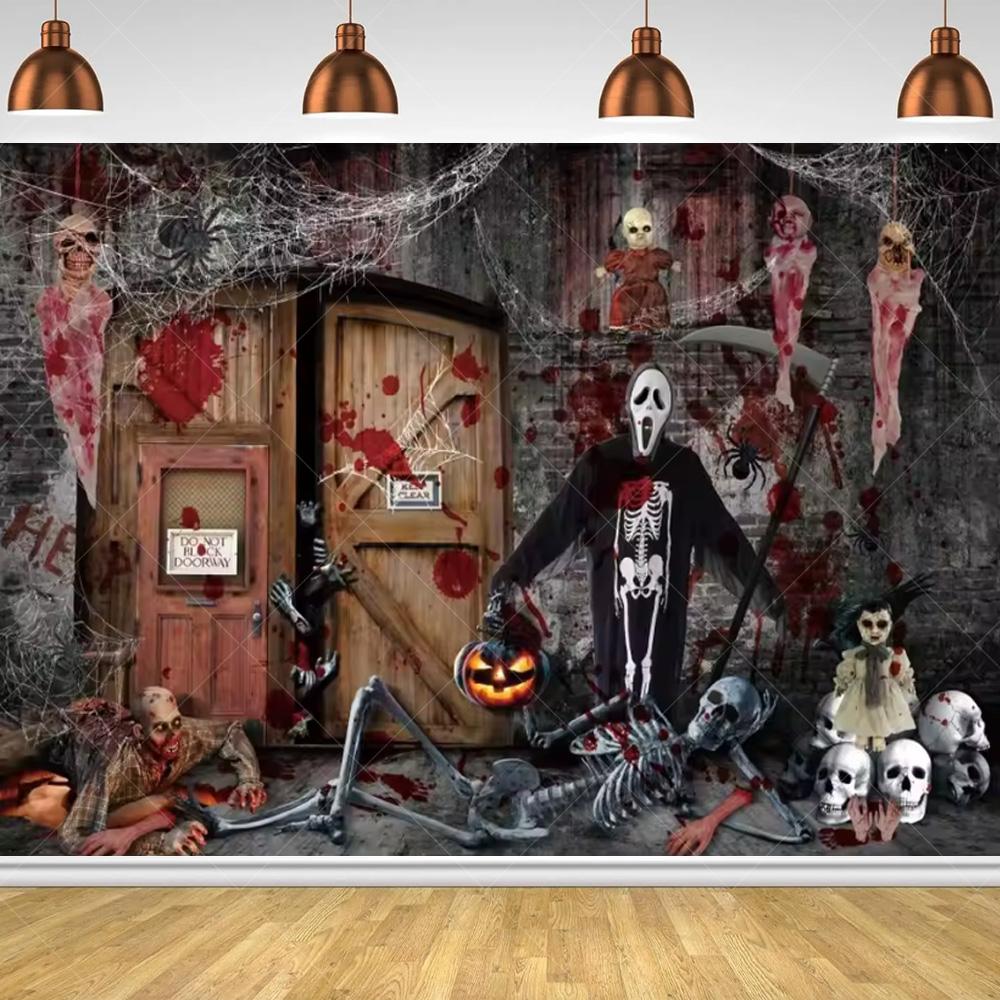 Halloween Horror Night Party Family Gathering Pumpkin Lantern Evil Witch Black Castle Cemetery Forest Background Cloth backdrop