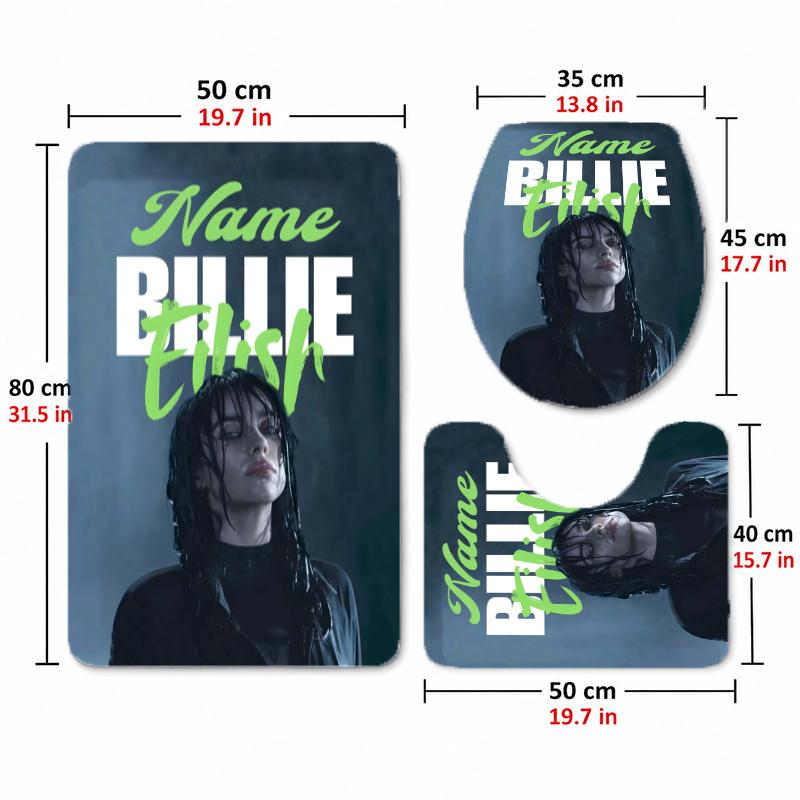 Billie eilish (5) Custom name Flannel Toilet 3 Piece Set Soft Bathroom Rug Toilet Seat Cover for Bathroom Home Decor