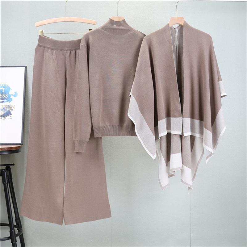 Women's Autumn Shawl Knitted Sweater Loose Wide Leg Pants Three Piece Suit Fashionable Casual Jacket Sweater Suit