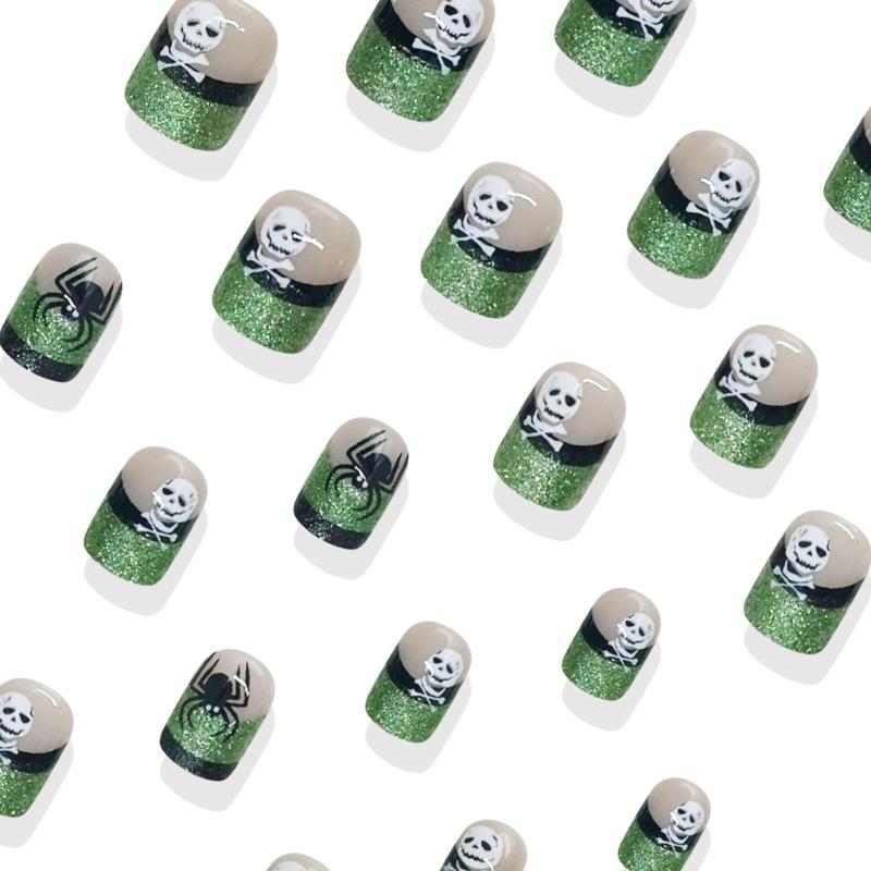 Halloween Black Green Scintillate French Square Short Persist Hoofs With White Skull Plan For Party Costume