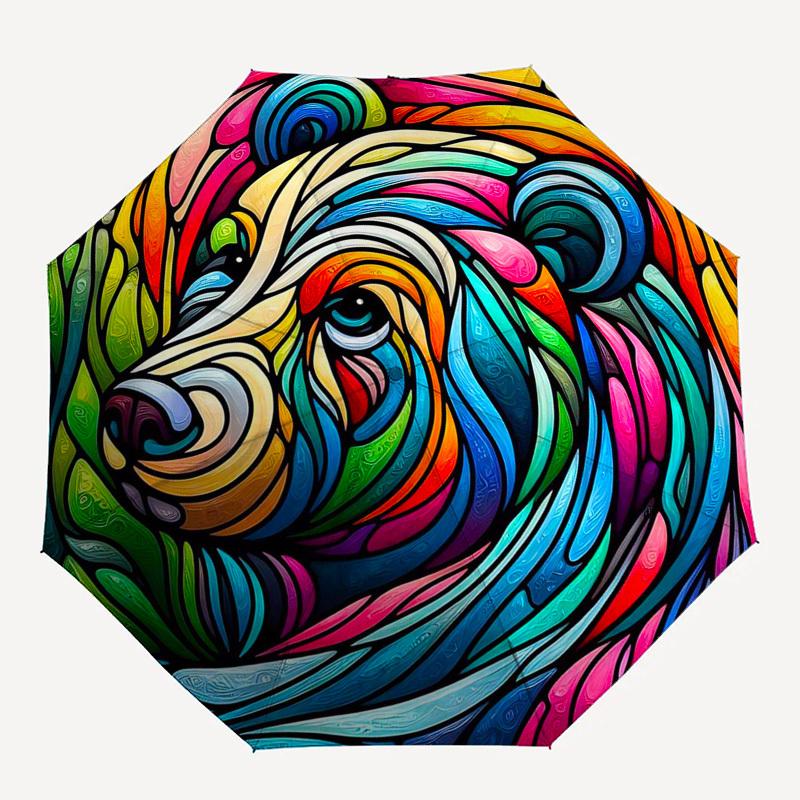 1pc Colorful Bear Head Stained Glass Auto Open Close Umbrella, Portable Tri-Fold Design with 8-Rib Iron Frame, Outdoor for Fans, Travelers, Daily Use,
