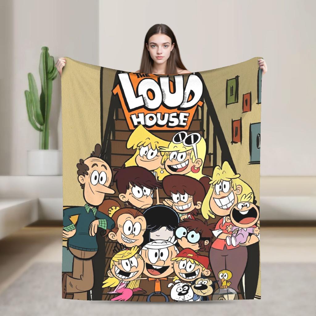 L-Loud Houses Familie Cartoon Plüsch Überwurf für Couch Sessel Sofa Bett Flugzeug Reise Flanell Tagesdecke Bettbezug