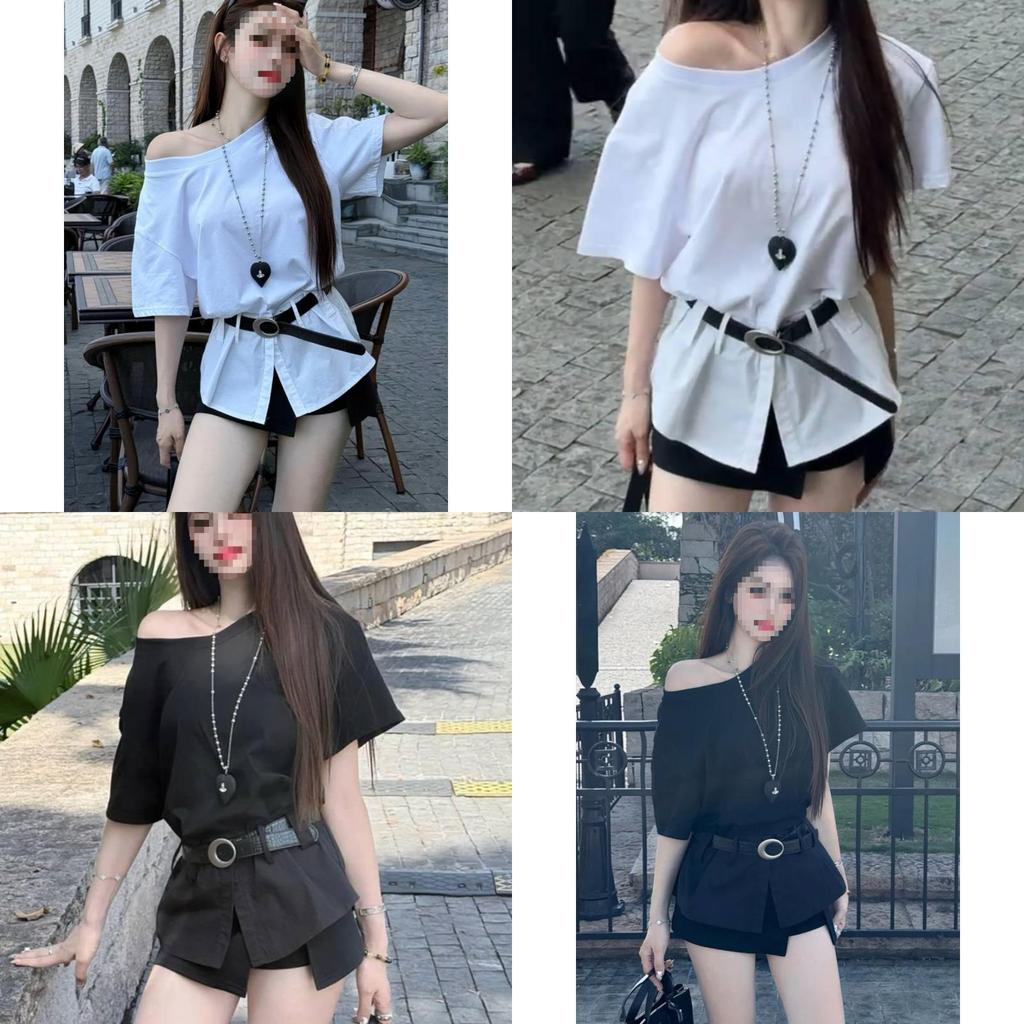 Zomerse Mode Offshoulder Gedeelde Gerimpelde Taille T-shirt Voor Dames