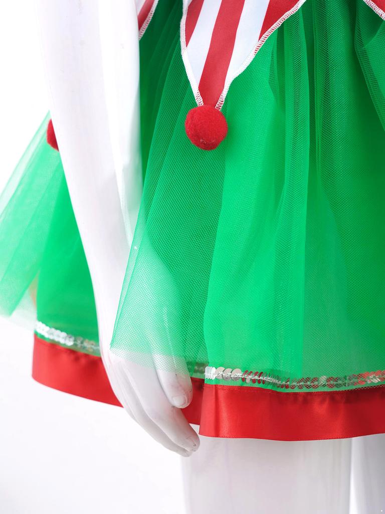 Mädchen Weihnachts-Elf Cosplay Kostüm Pailletten Pompons Verziertes Mesh Tutu Kleid Hut Inklusive Party Outfit