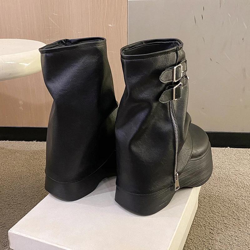 Fashion Women's Soft Leather Mid-calf Boots British Style Wedge Heel Thick Sole Motorcycle High Platform New Autumn and Winter 9 Cm