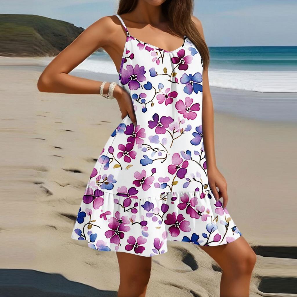 Women's Fashion Casual Sleeveless Round Neck Loose Floral Print Beach Dress