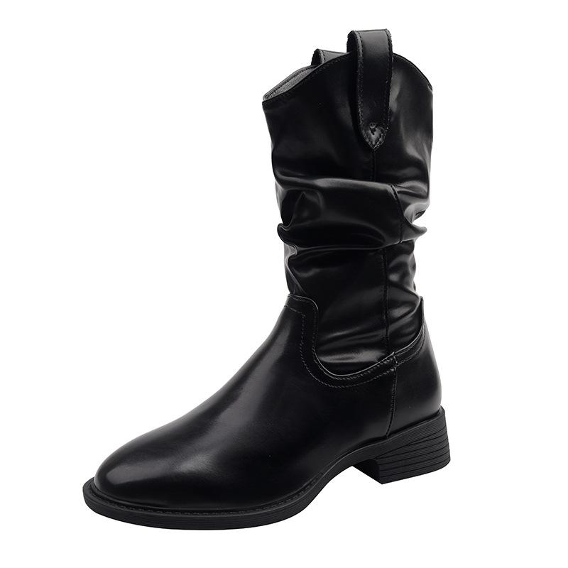 Soft Leather Version~ Soft Leather Thin Pointed Thick Heel Short Boots Women's Autumn and Winter New Stacking Boots Western Cowboy Boots Martin Boots