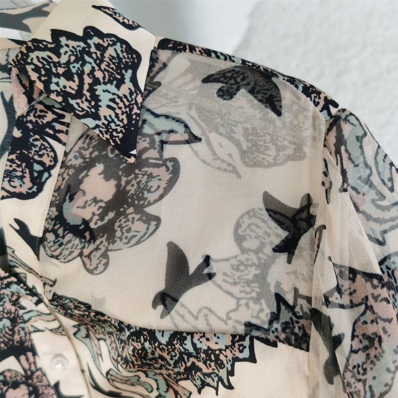 Mulberry Silk Shirt Chinese Ink Painting Print Silk Tops Summer Women's Loose Short-Sleeved Shirt Vintage Floral Tops